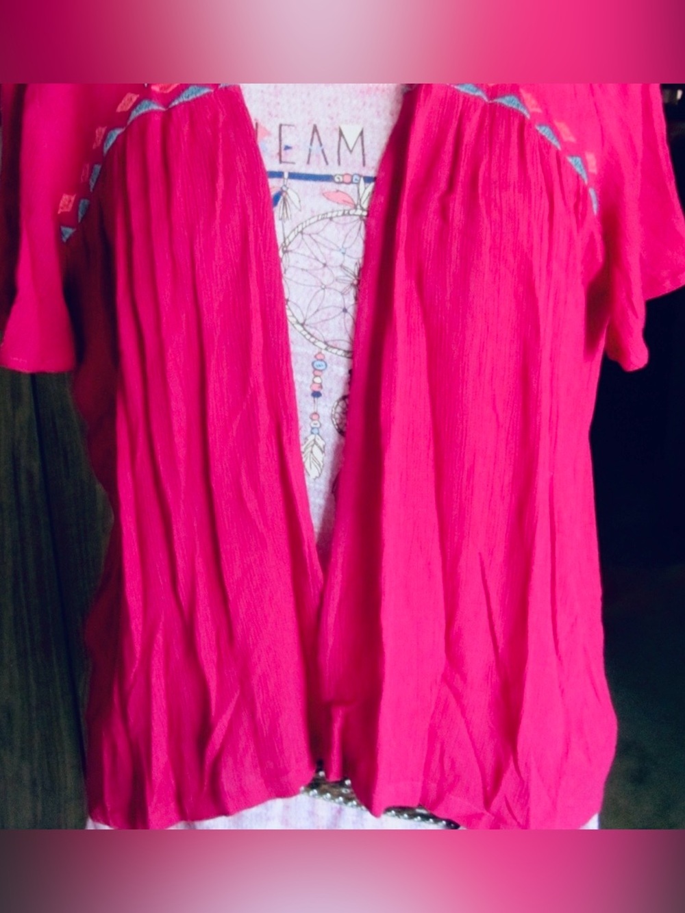 Roper Fuchsia Short Sleeve Cardigan with Skull & Feather Embroidery, Retail $65 - Picture 4 of 9